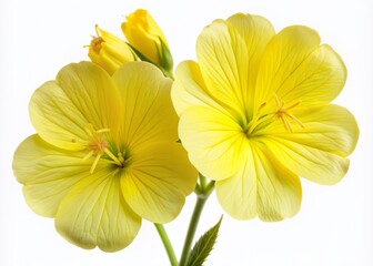 Fototapeta premium Delicate yellow petals of evening primrose flowers with subtle texture and gentle curves, isolated on a pure white background, showcasing their elegant simplicity.