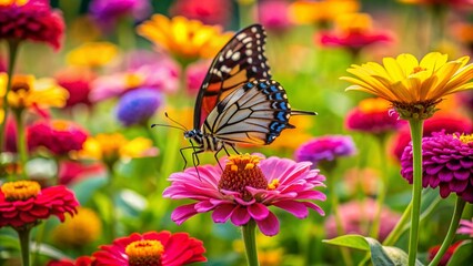 Fototapeta premium Vibrant butterfly perches on colorful zinnia flower amidst lush green foliage in a serene garden bed, surrounded by delicate wildflowers and soft natural light.