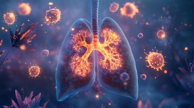 A digital illustration of human lungs with glowing orange bronchial tubes. The lungs are surrounded by small, spherical viruses, representing an infection. - Powered by Adobe