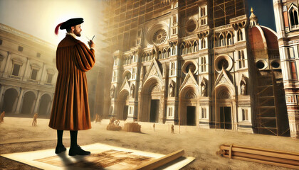 Naklejka premium A Renaissance architect in front of a grand cathedral under construction, studying blueprints with a thoughtful expression