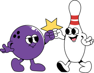 Retro bowling pin and ball cartoon character illustration vector