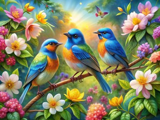 Vibrant blue birds with iridescent feathers perch on blooming branches adorned with delicate flowers in shades of pink, yellow, and orange, surrounded by lush greenery.