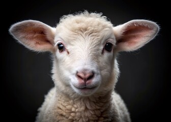 Obraz premium Adorable white lamb with fluffy fur and innocent eyes stares directly into the camera on a dramatic black background, showcasing its gentle nature.