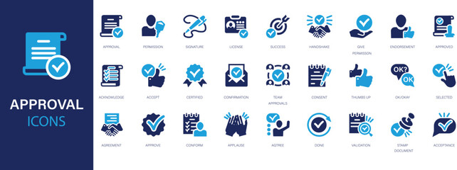 Approval flat icons set. Check mark, certified, validation, agreement, thumps up, settings, shield icons and more signs. Flat icon collection. 