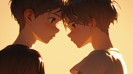 Two Boys  Gazing Affectionately at Each Other, Smiling Happily with a Shy Blush, About to Kiss with sunlight

