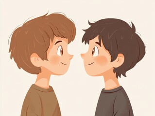 Fototapeta premium Two boys with short hair and brown eyes gazing curiously at each other