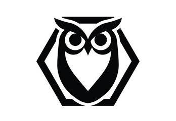 Stylized Monochrome Owl in Hexagonal Logo on White Background