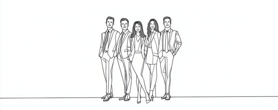 recommend clip art: Business team standing together in continuous line drawing. Diverse crowd of standing people in one line. Hand drawn family and friends.
