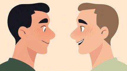 Obraz premium Two Men Gazing Into Each Other's Eyes in Anime Style, Featuring a Boy with Short Brown Hair Tied in Twin Buns, Minimalist Design with Copy Space