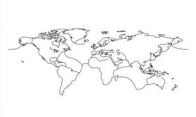 The world map is drawn continuously in one line. This is a modern illustration.