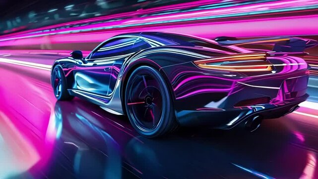 Futuristic sports car is speeding through a tunnel with pink and blue neon lights, creating an abstract and colorful background