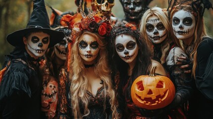 A group of people are dressed in Halloween costumes and makeup. They are all smiling and having fun. The person in the front is holding a pumpkin. There are trees in the background.