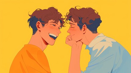Fototapeta premium Two Men Looking at Each Other with Affectionate Eyes Against a Blue Sky and Fence Walls, Smiling Happily with Shy Blush 