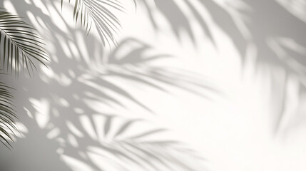 Abstract background with palm shadows on white wall, light and shadow effect for product presentation empty mockup.