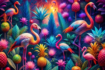 Vibrant flamingos and pineapples shine in neon hues against a kaleidoscope of colorful leaves, conjuring a playful, artistic, and exotic tropical atmosphere of pure joy.
