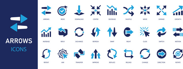 Arrow flat icons set. Pointer, change, switch, up, down, swap, exchange, right, left, download icons and more signs. Flat icon collection.