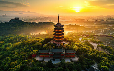 Naklejka premium Mountain pagoda, sunrise and morning mist