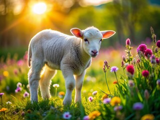 Obraz premium Adorable lamb grazes peacefully in lush green meadow surrounded by vibrant colorful flowers, soft sunlight casting gentle shadows on serene natural landscape.