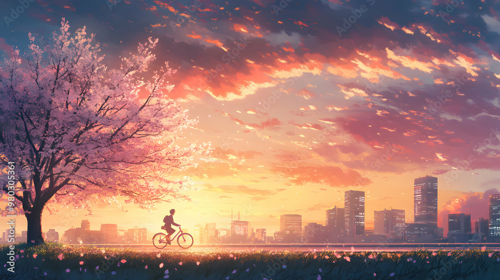 Wall mural a solitary figure cycles along a path towards a cityscape at sunset, with cherry blossom trees and a