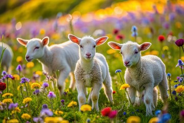 Obraz premium In a vibrant meadow awash with colorful wildflowers, adorable spring lambs frolic and explore, their curious nature and playful antics on full joyful display.