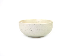 Front view, empty beige round ceramic bowl with dotted isolated on a white background. Mockup and template for design, and banner. Use for home or restaurant.