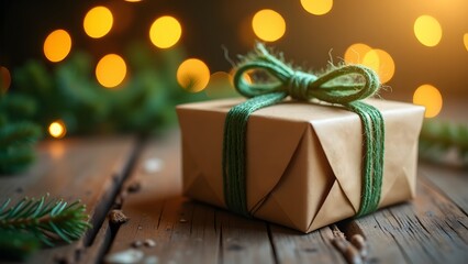 A brown gift box tied with green string, set against a warm, festive background with candles and pine branches