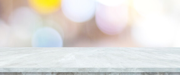 Empty white table top, counter, desk background over blur  bokeh background, White marble stone table, shelf and blurred kitchen restaurant for food, product display mockup, template