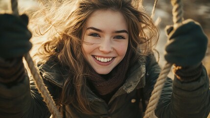 Girl with a joyful expression holding ropes on a swing outdoors