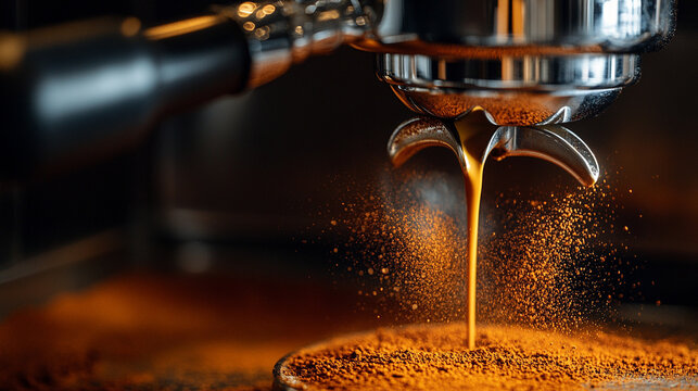 freshly ground coffee pouring into a portafilter. The image captures the rich aroma and texture, symbolizing craftsmanship, morning rituals, and the passion for quality coffee-making