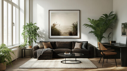 Modern Living Room with Large Framed Artwork and Lush Indoor Plants
