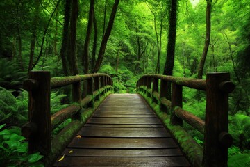 Obraz premium Wooden Bridge Covered in Moss Leading Through a Lush Green Forest