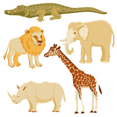 vector drawing set of African animals, lion, giraffe and rhinoceros, elephant and crocodile isolated at white background, hand drawn illustration