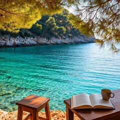 An open book with a coffee cup on a table and a chair under the tree near the clear lake with mountains forest landscape view on sunshine day background