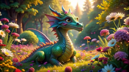 Obraz premium Vibrant 3D cartoon dragon with shimmering scales basks in warm sunlight, casting a gentle shadow, surrounded by lush greenery and blooming colorful flowers.