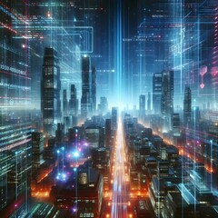 Fototapeta premium Futuristic Cityscape with Neon Lights and Digital Overlays