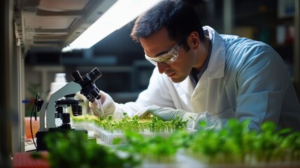 A bioengineer in a lab working on genetically modified crops to improve resilience against climate change. Petri dishes and advanced microscopes fill the sterile environment.