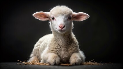 Fototapeta premium Adorable white lamb with fluffy fur and endearing expression sits alone on a dark black background, showcasing its innocent and peaceful nature perfectly.