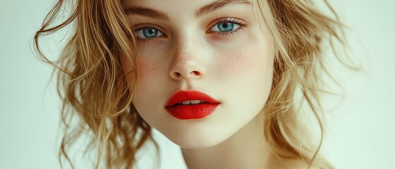 Fototapeta premium A blonde woman with red lipstick staring intensely at the camera