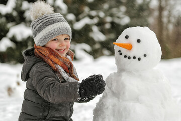 A child building a snowman in a snowy backyard, complete with a carrot nose, scarf, and hat, symbolizing the joy and creativity of wintertime play 