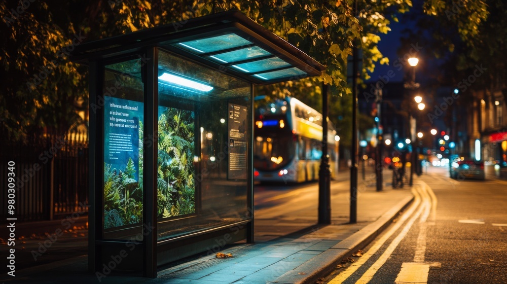 Aufkleber An illuminated bus stop stands on a quiet street at night, featuring a display of greenery while city lights glow around. A bus passes by, capturing the tranquility of urban life after dark.