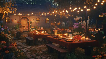 A delightful gathering unfolds in a garden adorned with vibrant flowers, as guests enjoy dinner at rustic tables, surrounded by warm lights and delicious dishes during a magical evening.