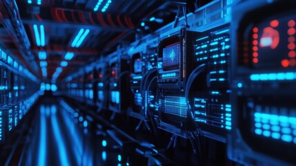 Naklejka premium A digital currency mining operation deep in a high-tech data center, showing rows of computers working in sync