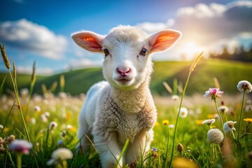 Obraz premium Adorable little lamb with fluffy white fur and big brown eyes grazing peacefully in a lush green meadow surrounded by vibrant wildflowers under sunny sky.