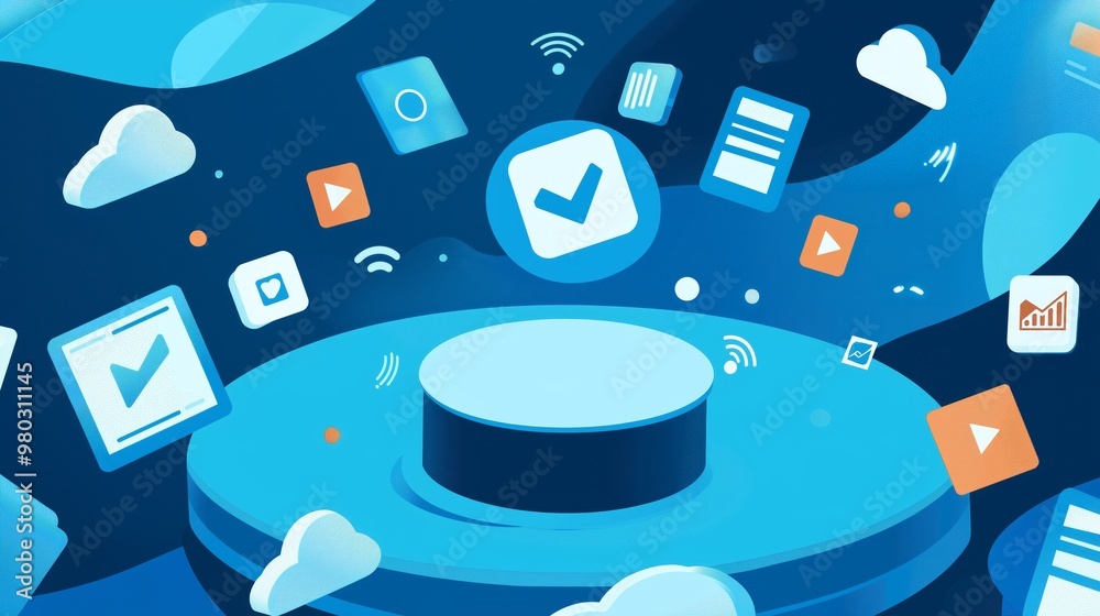 Poster abstract concept of digital data management and cloud storage in a futuristic interface with various