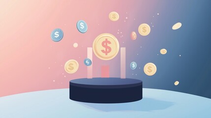 Abstract financial growth concept with floating coins and a pedestal, illustrating economic success and wealth accumulation.