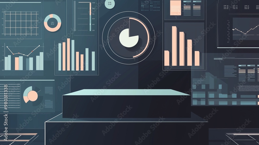 Poster Futuristic data analysis dashboard with various graphs and charts, displaying business intelligence and analytics in a high-tech environment.