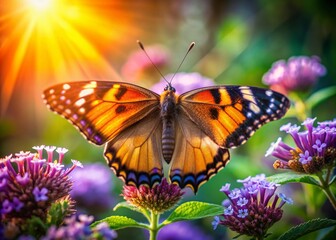 Fototapeta premium A delicate, iridescent butterfly with orange and black wings perches on a blooming purple flower, surrounded by lush green foliage and soft, warm light.