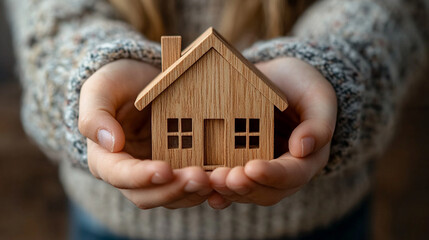 person holds a minimal wooden house model, symbolizing security, stability, and the concept of home. The clean, simple design reflects minimalism and represents the dream of ownership and new beginnin