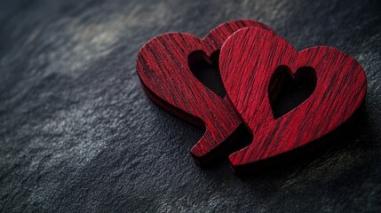 Two Red Wooden Interlocking Hearts On Black Felt Background - Valentine's Day / Marriage Concept with generative ai