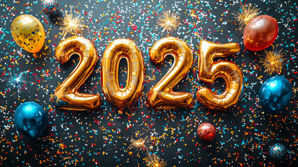 The golden foil balloons form the numbers "2025" on a dark background with colorful streamers and firecrackers, creating a festive atmosphere for a happy new year celebration.